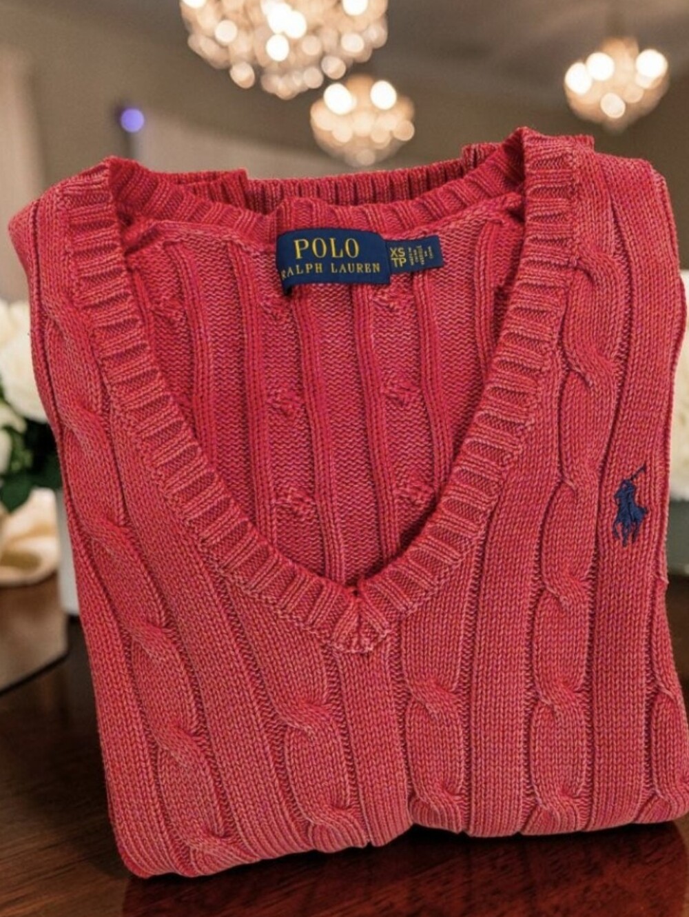 Polo by Ralph Lauren Women's Stone Washed Red Cable Knit V-Neck Sweater Size-XS
